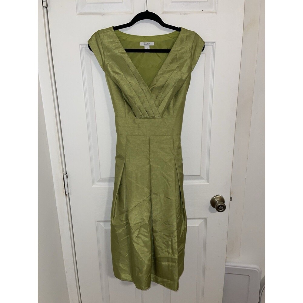 dressbarn Green Solid Satin Fit & Flare V-Neck Sleeveless Knee Dress 8